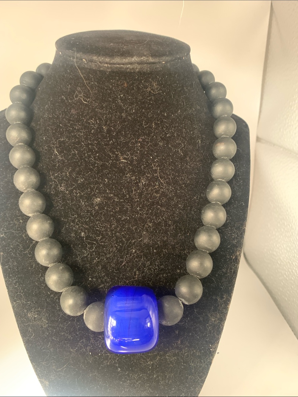Murano Matte Black Bead Necklace with Cobalt Blue Glass Focal